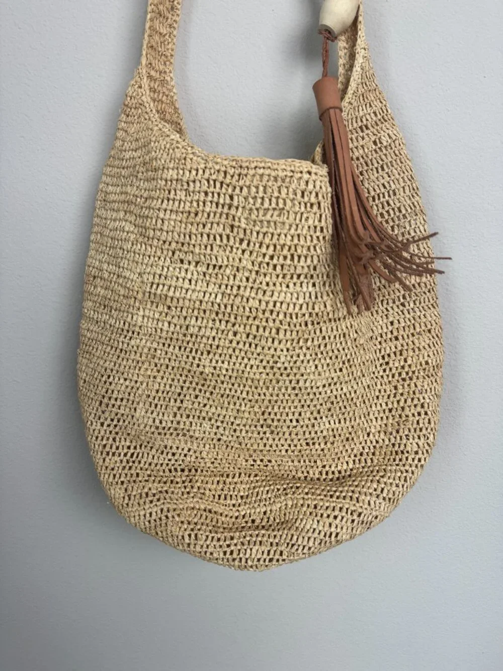 Mar y Sol Augusta Rafia Shoulder Hobo Bag Leather Tassel Beach Boho